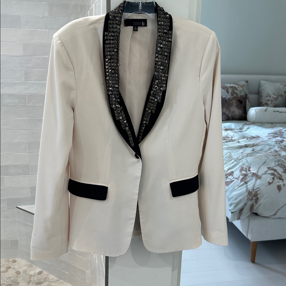 Isabel Lu Pristine Condition Cream Blazer with Black Accents and Grommet Lapels